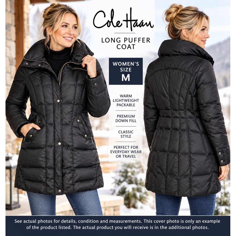 Cole Haan Womens M Black Long Puffer Coat 80% Down Feather Winter Jacket #1958